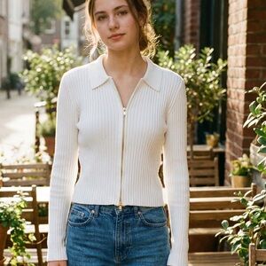 No Boundaries Sweater Top Jr..Size XXL /19 White Ribbed Zip-Up Collared Stretch